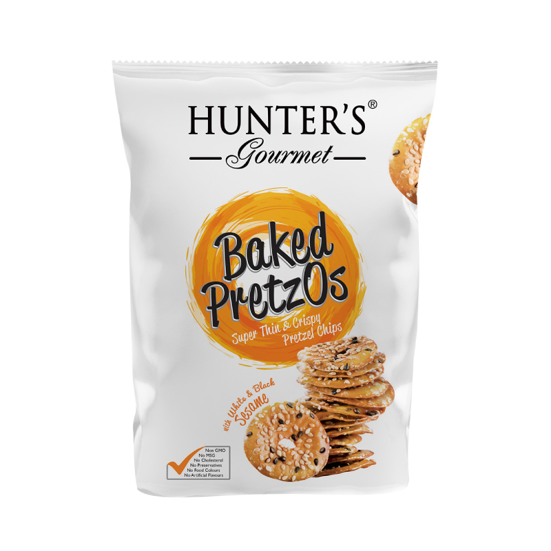 HUNTERS BAKED PRETZOS WT WHT &amp;BLK SESAME 180GM
