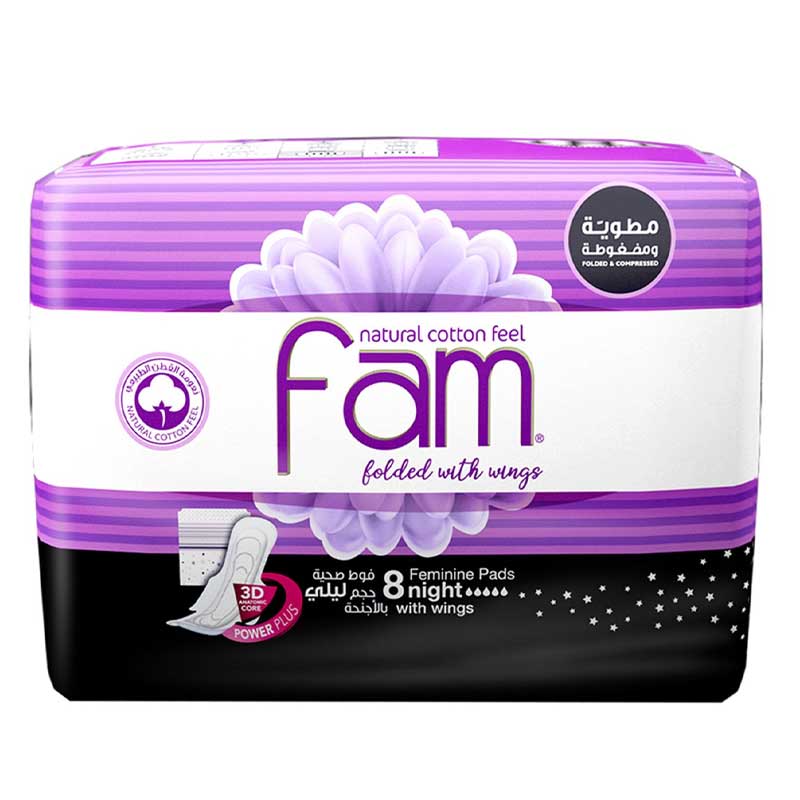FAM FEMININE PADS NIGHT WITH WINGS 8S